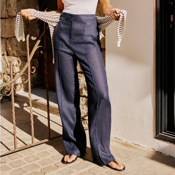 Zara Pants - NWT ZARA High Rise Linen Pants | Masculine Linen Trousers | Navy Blue XS